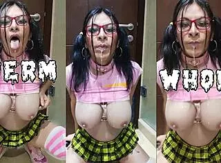 a bukkake sissy slut hooked on cum facials and tit blasts craves every drop