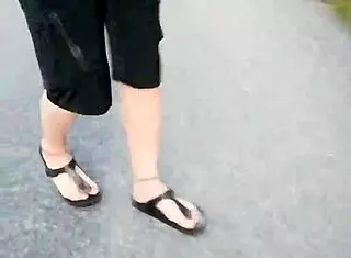 Chubby German Nylon Feet in Birkenstocks Tease Outdoor Fetish Fun!