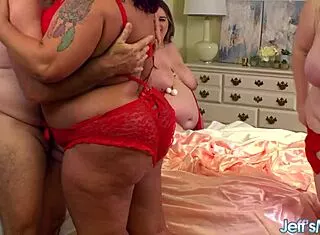 lucky grandpa bangs four chubby bbw milfs in wild reverse gangbang orgy