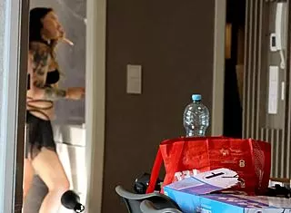 super sexy tattooed cheerleader teases upskirt pussy in bathroom