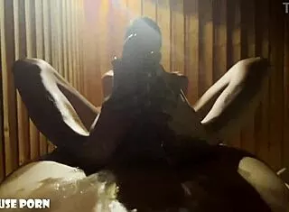 Petite latina's oily feet stroke in steamy sauna 😏👣