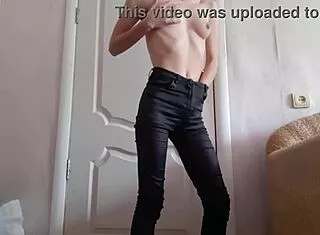 Skinny Student Teases in Tight Leather Jeans