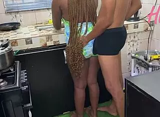 African maid rides boss huge cock screaming for kitchen creampie cash