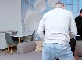 wife fucks three young guys double pen while hubby watches