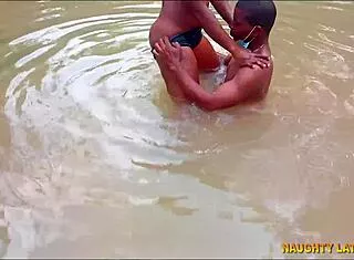 naughty college mates fuck big cock by village river during bath