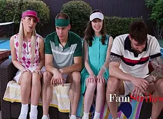 Two horny women trick stepsons outdoors to win pussy game