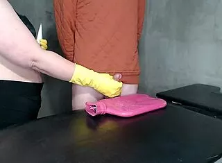 beta slave's ruined orgasm! milf mistress in rubber gloves denies his chubby ass release