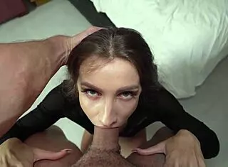 Brunette College Cutie Gags on Huge Cock Deepthroat Ride in POV