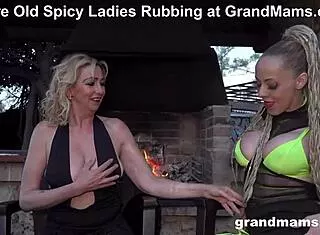 Two trashy cougars finger wet shaved pussies side by side in first-time granny action