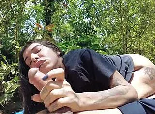 i love this tat girl's pierced nipples while outdoor anal gapes me