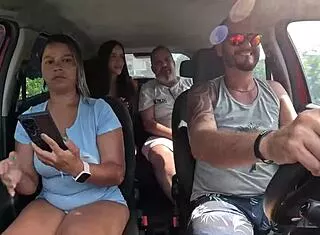 Street ride turns into hot backseat threesome fuckfest?