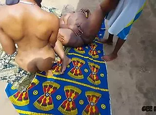 village ebony amateur bends over kitchen counter for two muscular long dicks