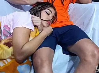 whoa papi's cock feels so good on sofa but stepmom almost caught us 😏🍆