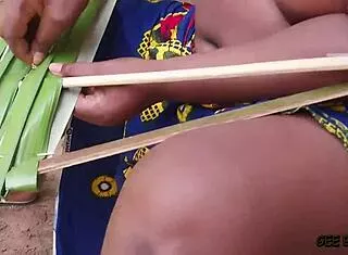 village ebony amateur bends over kitchen counter for two muscular long dicks