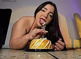 i rub my wet pussy with holiday cake dildo moaning for stepbro!