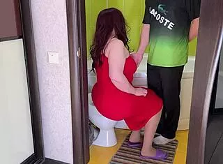 Stepson Gets Gentle Toilet Stroke From Fat BBW Stepmom Housewife