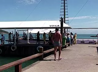 mmf threesome slams latina milf's shaved pussy and ass in outdoor bendover