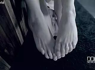 Damn beauty in lingerie gives footjob after fucking then cums on her heels!