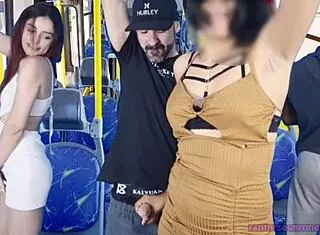 Sexy woman groped goozed full crowded bus