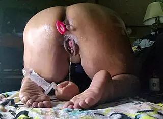 Ebony Milf Bends Over for Glass Dildo Back Shots Squirt