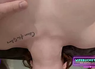 pale redhead milf kneels homemade for face fucking cumshot by wifebucket couple