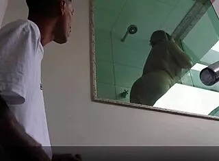young stepson pounds his thick stepmom's ass fresh from the shower in red sheer