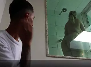 young stepson pounds his thick stepmom's ass fresh from the shower in red sheer