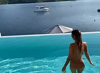Monika Fox's pierced nipples glisten naked pool swim 😍🏊‍♀️