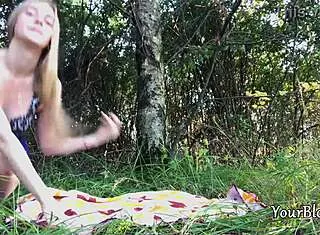 Beautiful Blonde Fingers Tight Pussy In Forest Woods