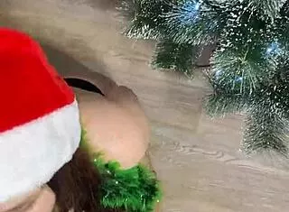 Step sister gifts her holes in sexy christmas costume on desk!