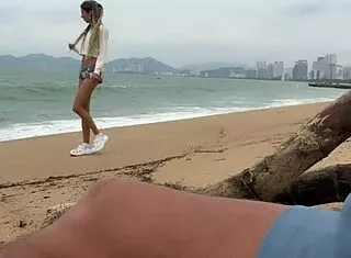 Public Dick Flasher Helps Skinny Brunette Cum On Beach!