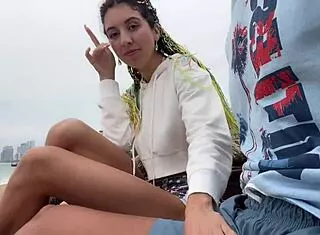 Public Dick Flasher Helps Skinny Brunette Cum On Beach!