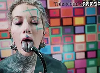 Thick metal toy pounds my ass deep in doggy quickie