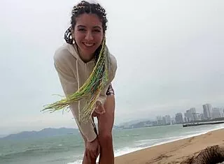 Public Dick Flasher Helps Skinny Brunette Cum On Beach!