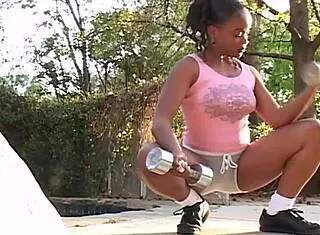 after workout, ebony kisses lesbian friend then scissor relaxes hard