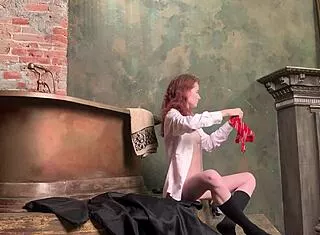 nude redhead cosplay backstage, wanna see petite tits up close?