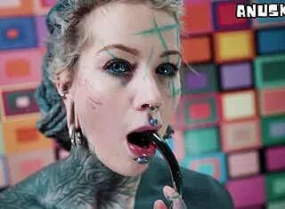 Thick metal toy pounds my ass deep in doggy quickie