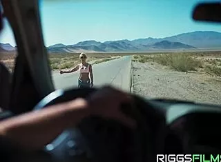 horny blonde fitness model rides cock bent over in desert doggystyle
