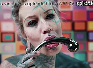 Thick metal toy pounds my ass deep in doggy quickie