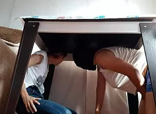 We Sneak Under Table Masturbating In Skirts From Steppy Parents!