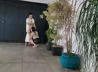 risky garage fuck with neighbor while cuckold hubby showers nearby