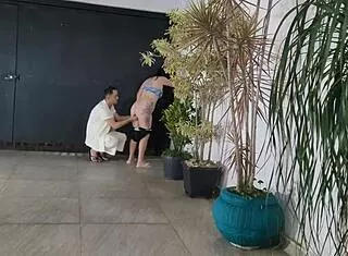 risky garage fuck with neighbor while cuckold hubby showers nearby