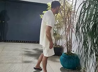 risky garage fuck with neighbor while cuckold hubby showers nearby