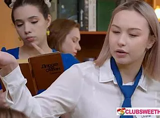18yo bookworm lesbians finger lick shaved pussies in kinky library orgy