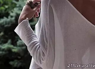 classy babe's shaved pussy pounded clothed outdoors