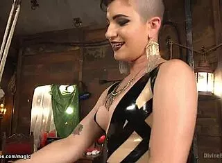Domme Latex Strapon Pegs Bound Man's Ass Hard