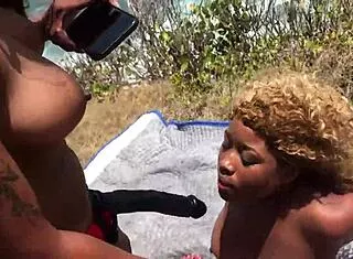 porsha carrera straps up big dildo to fuck nina rivera outdoors