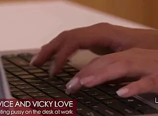brunette lesbians kiss lick fingering wet pussies on office desk 😘👅