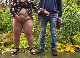 Public BBW Couple Flashes Saggy Tits and Wet Pussy in Homemade Fetish Dress