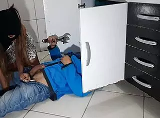 giving up my ass and blowjob to the plumber for creampie